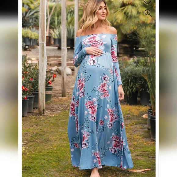 PinkBlush Light Blue Floral Off Shoulder Maternity Maxi Dress - Picture 2 of 9